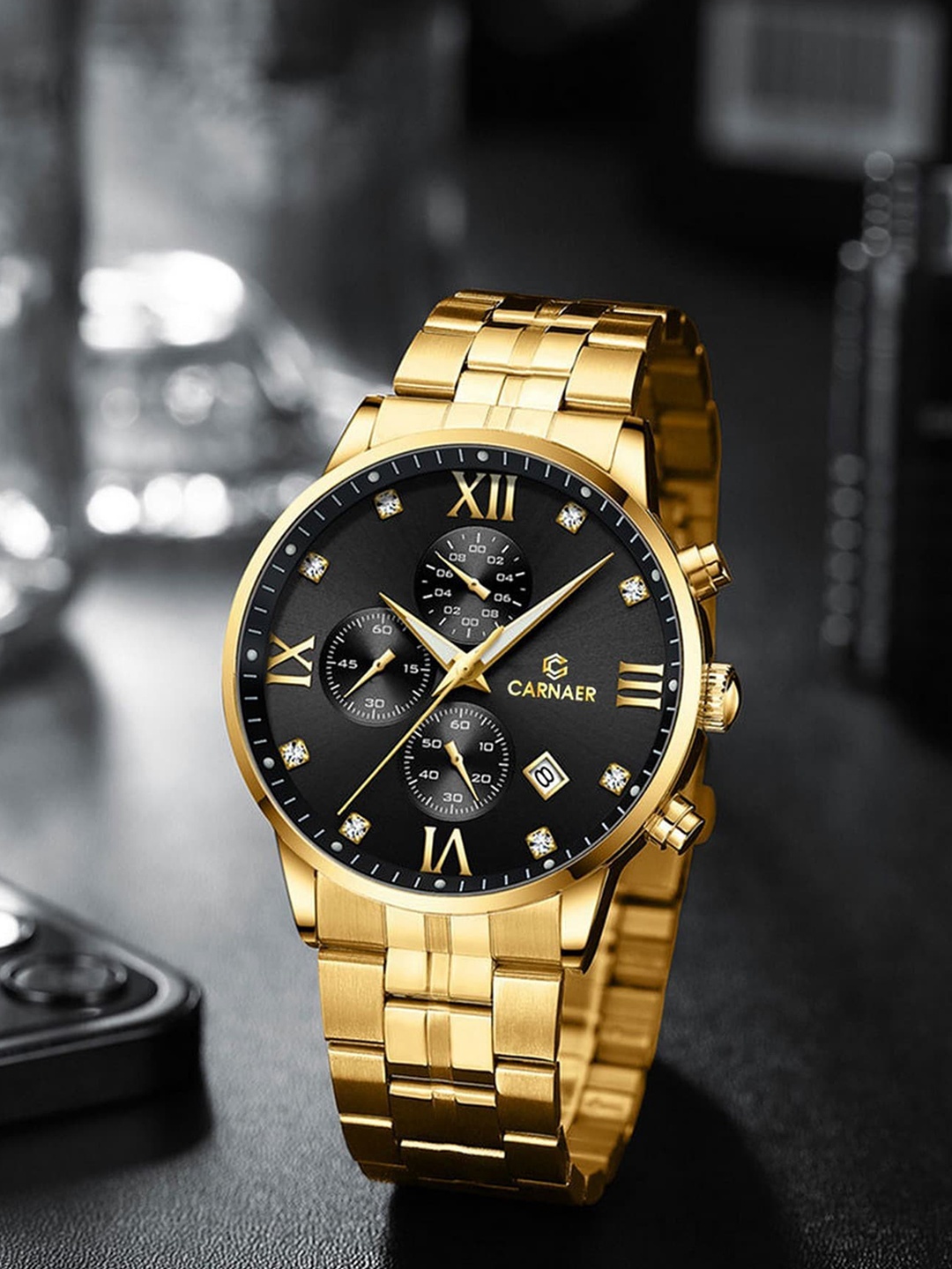 

Carnaer Men Stainless Steel Bracelet Style Straps Analogue Watch CN4110-3-Gld-Blk, Black