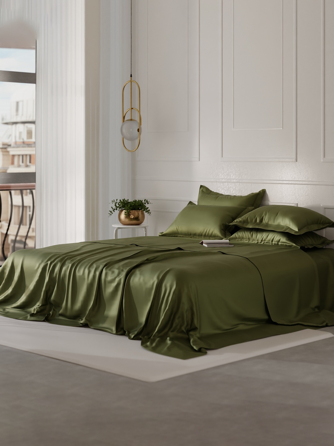 

Stoa Paris Date Night Olive Green 300 TC King Bedsheet with 4 Pillow Covers