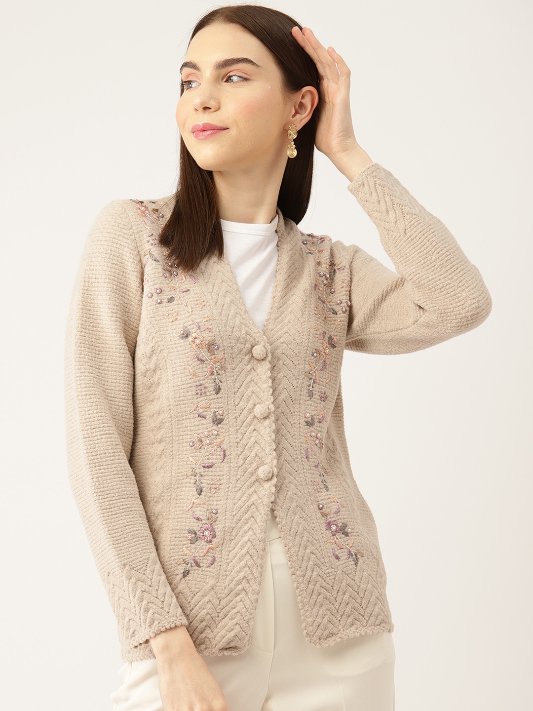 

APSLEY Women Floral Cardigan with Embellished Detail, Camel brown