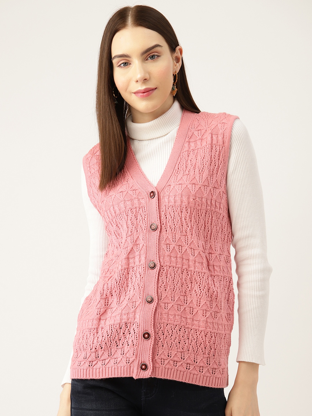 APSLEY Women Self Design Open Knit Cardigan, Pink