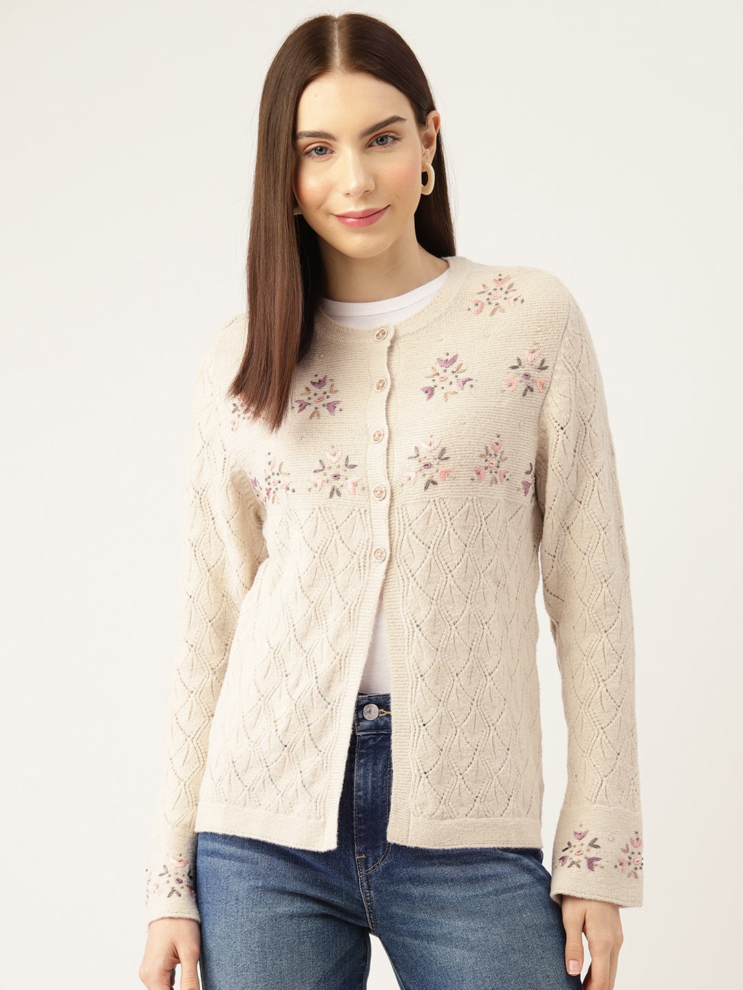 

APSLEY Women Floral Cardigan with Embroidered Detail, Beige