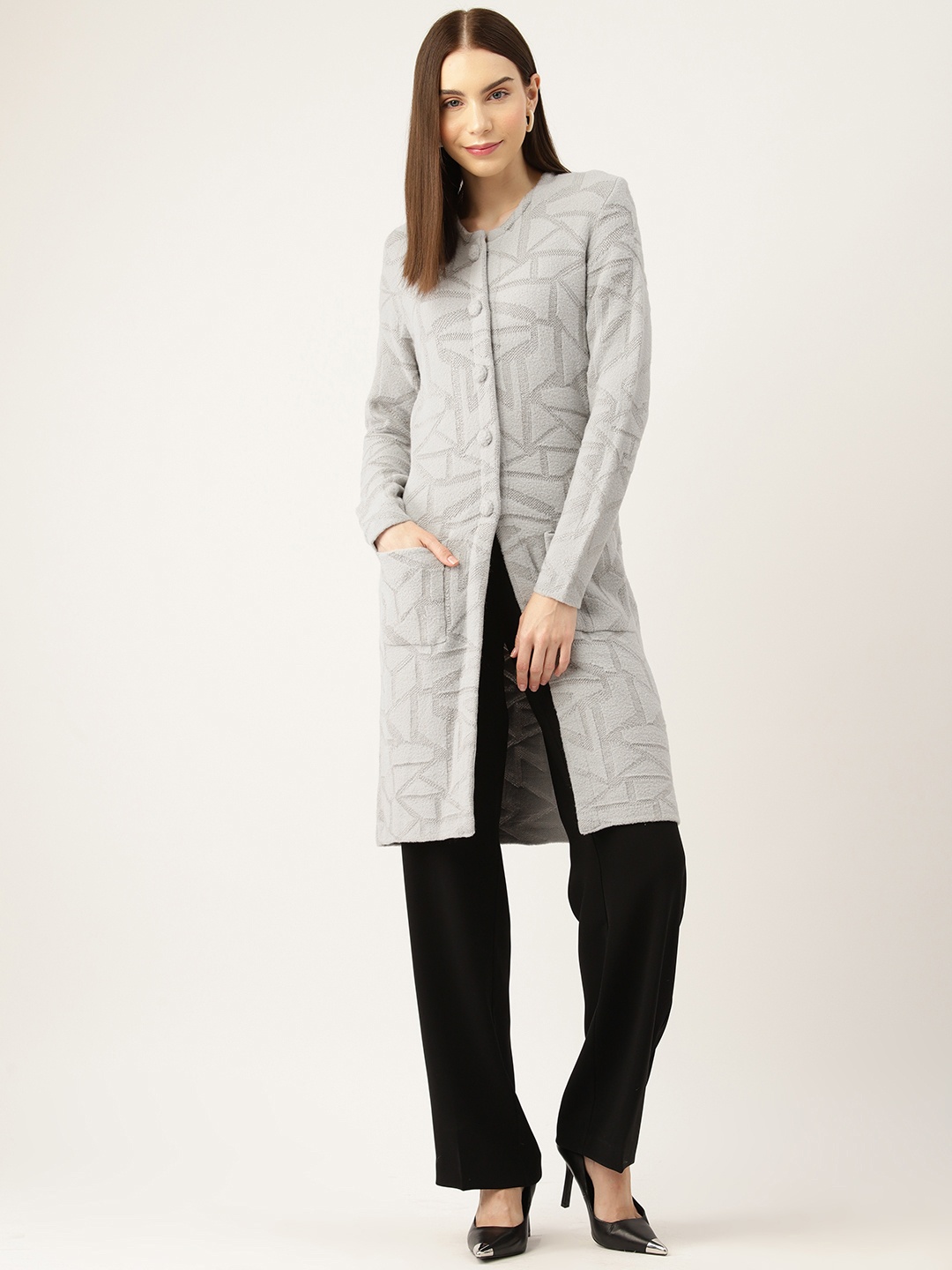 

APSLEY Women Longline Cardigan with Embroidered Detail, Grey
