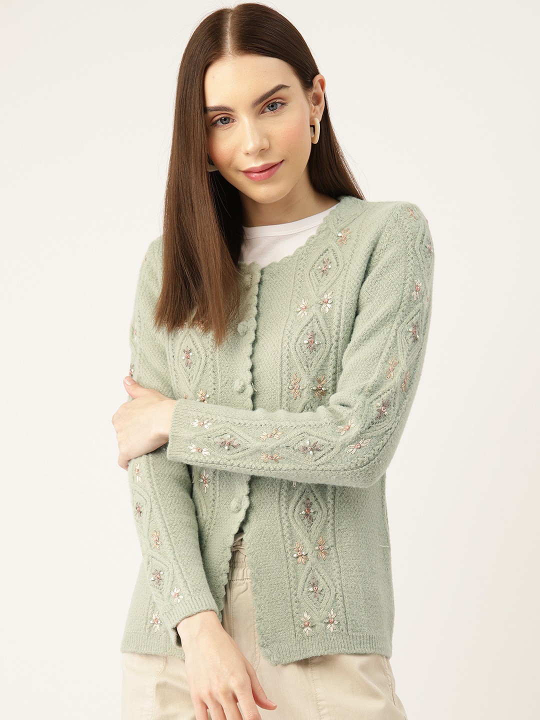 

APSLEY Women Floral Cardigan with Embellished Detail, Green