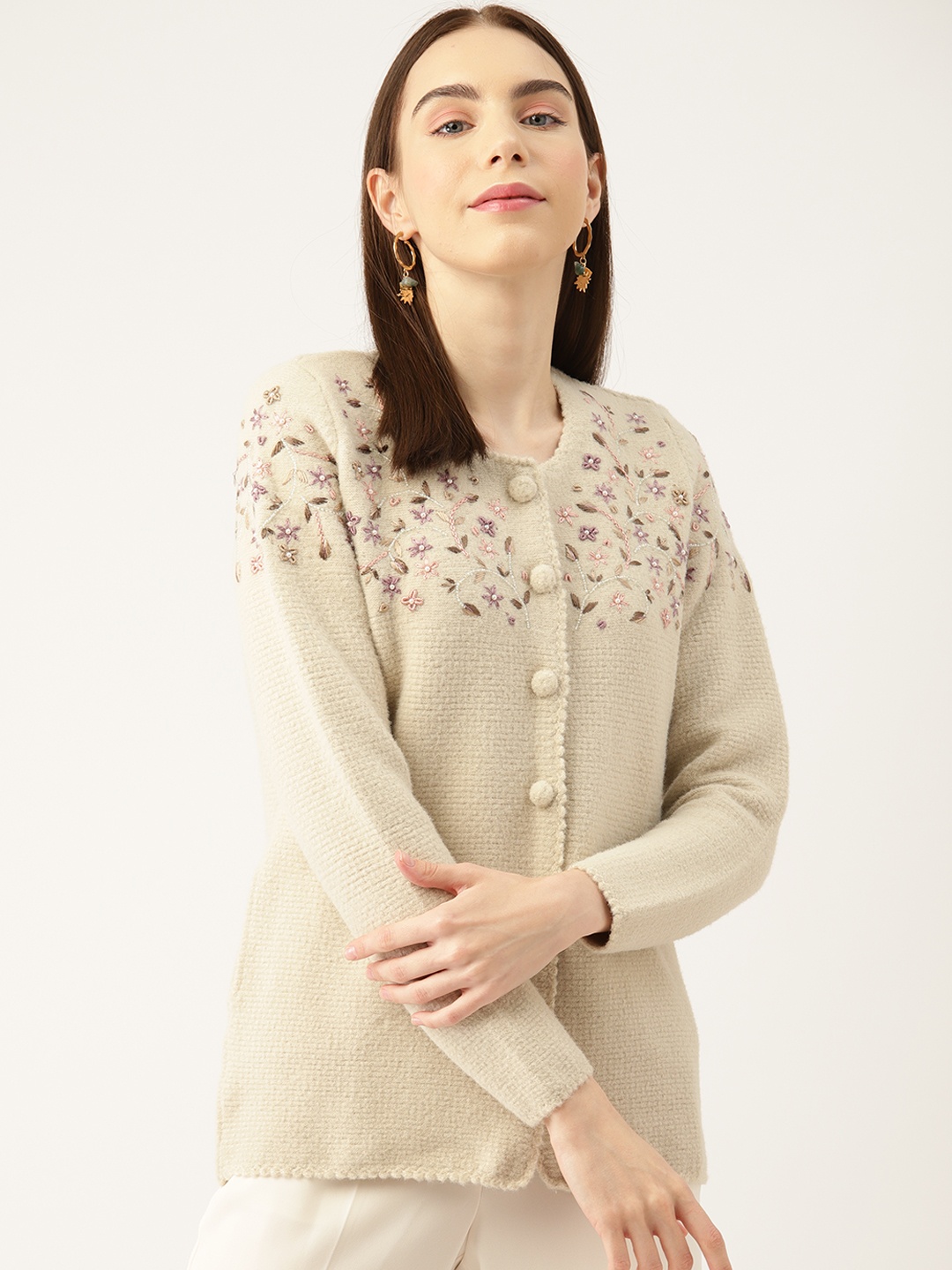 

APSLEY Women Floral Cardigan with Embellished Detail, Beige