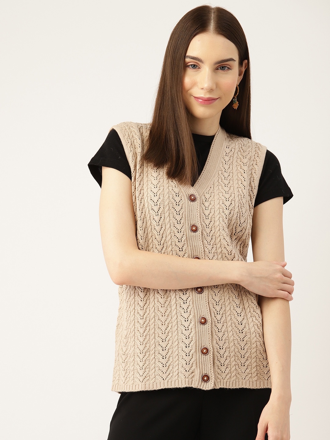 

APSLEY Women Self Design Open Knit Cardigan with Embroidered Detail, Camel brown