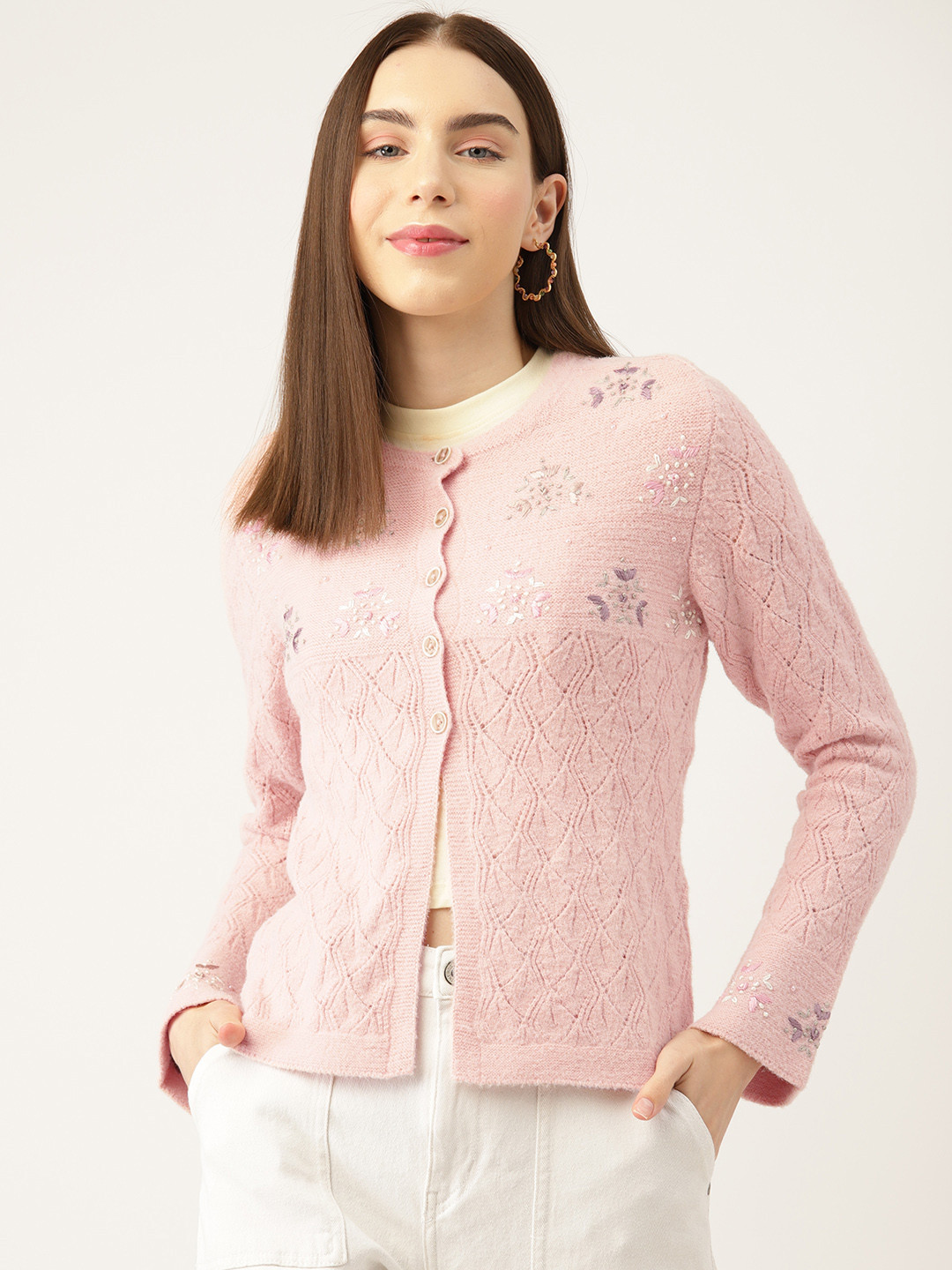 

APSLEY Women Floral Cardigan with Embellished Detail, Pink