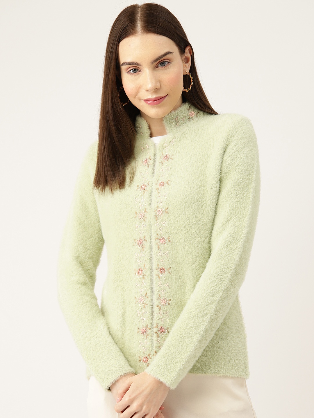

APSLEY Women Floral Cardigan with Embellished Detail, Sea green