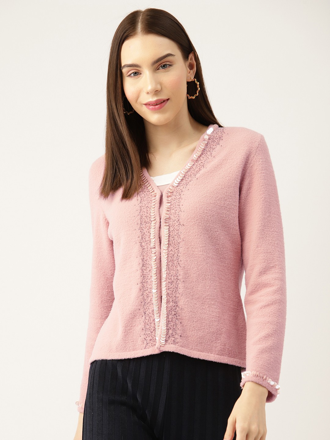 

APSLEY Women Self Design Cardigan with Embellished Detail, Pink