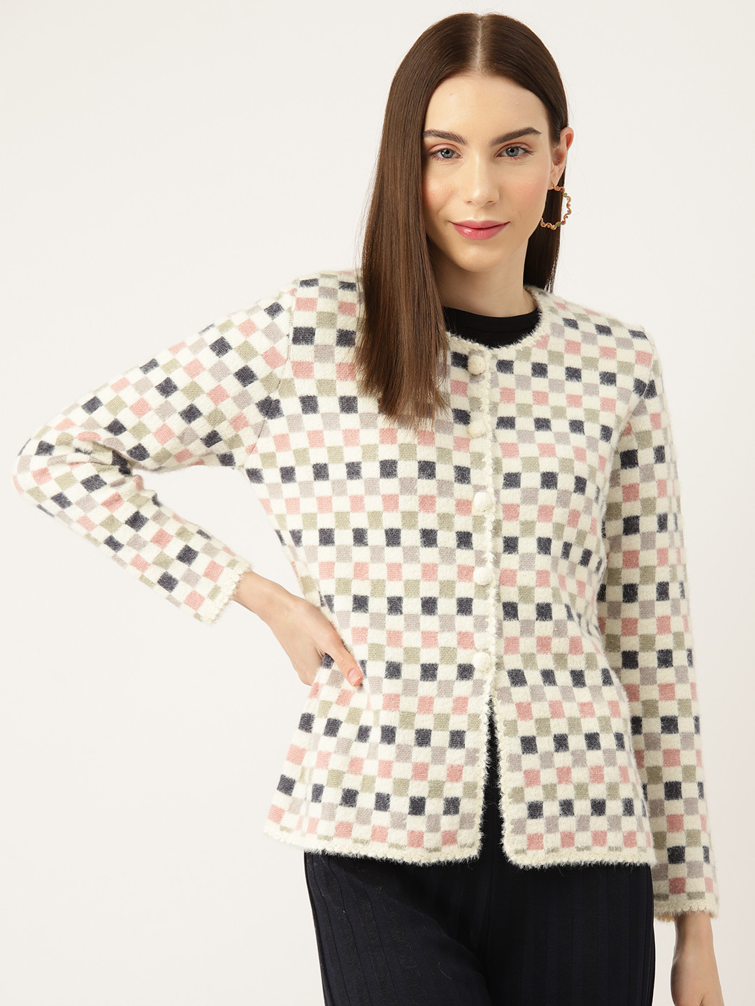 

APSLEY Women Geometric Printed Cardigan, White