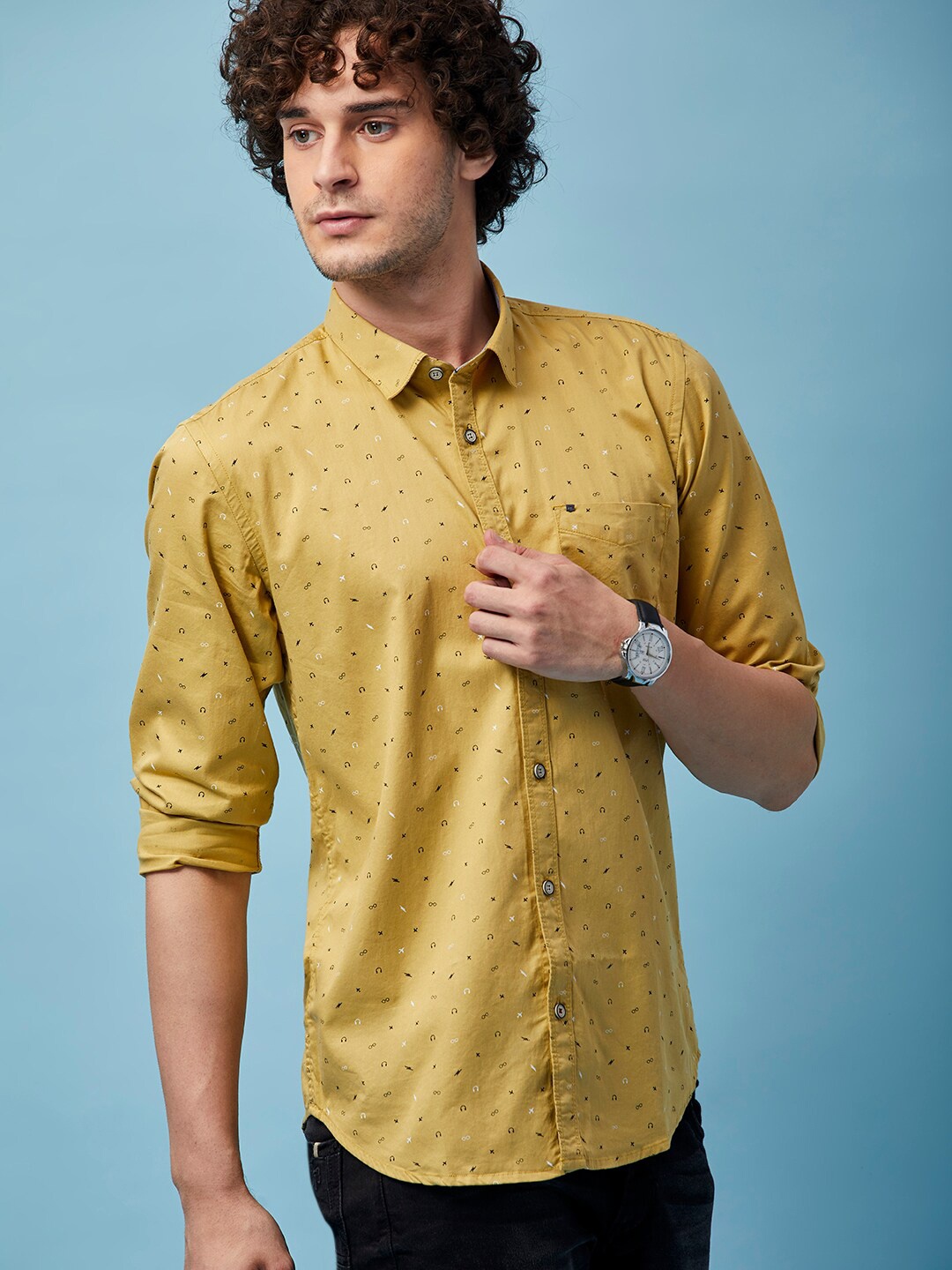 

MOZZO Classic Slim Fit Printed Cotton Casual Shirt, Yellow