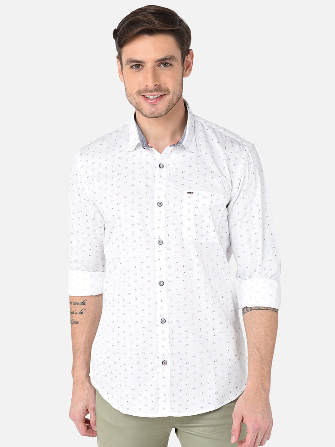 

MOZZO Men White Classic Slim Fit Printed Cotton Casual Shirt