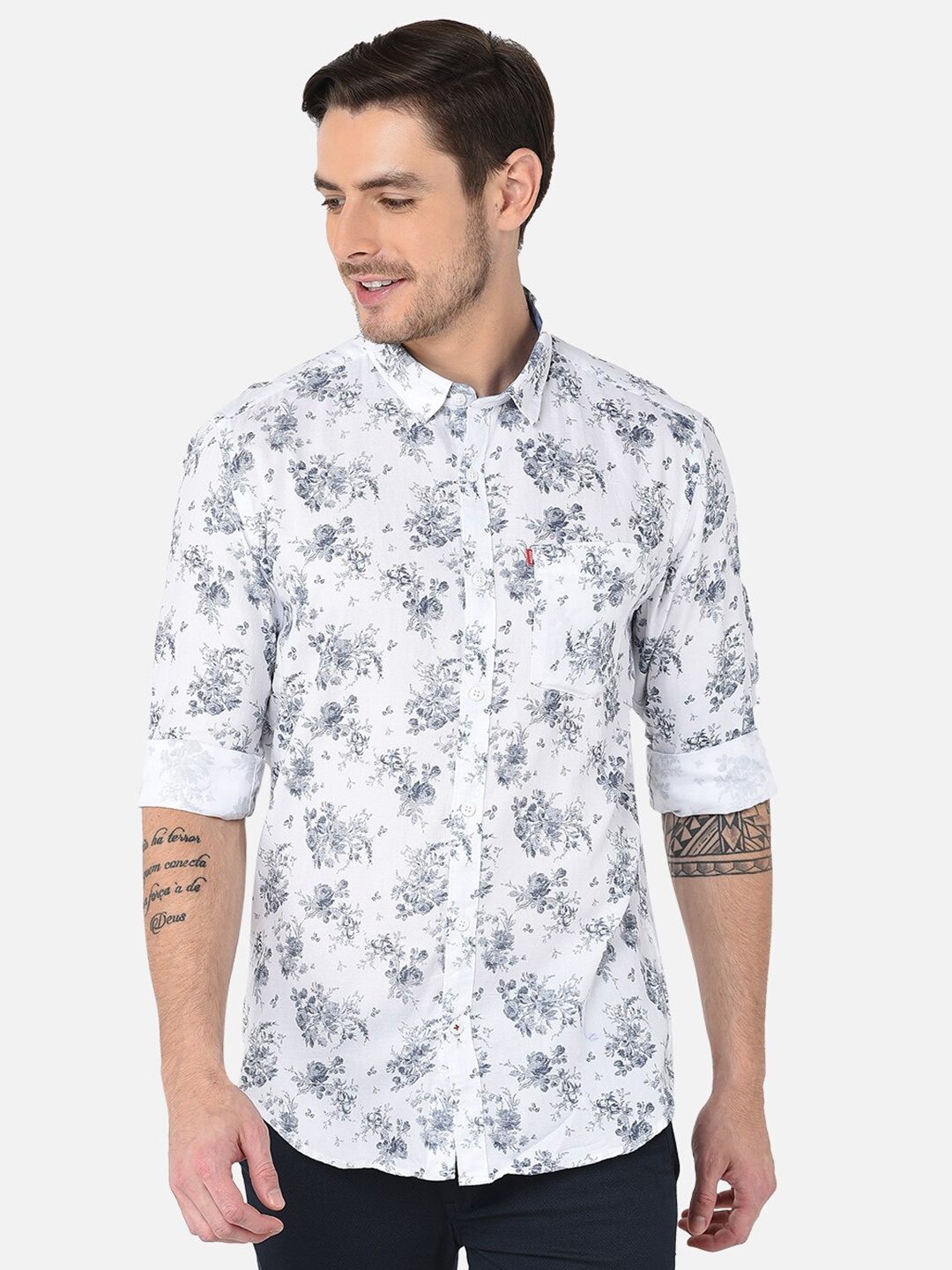 

MOZZO Classic Slim Fit Opaque Floral Printed Cotton Casual Shirt, White