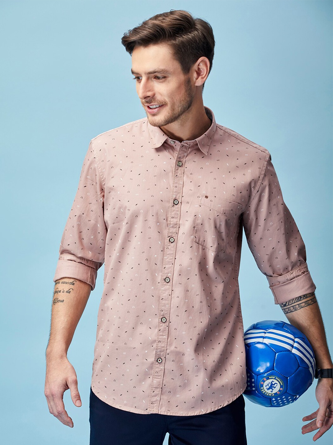 

MOZZO Classic Slim Fit Opaque Conversational Printed Cotton Casual Shirt, Nude