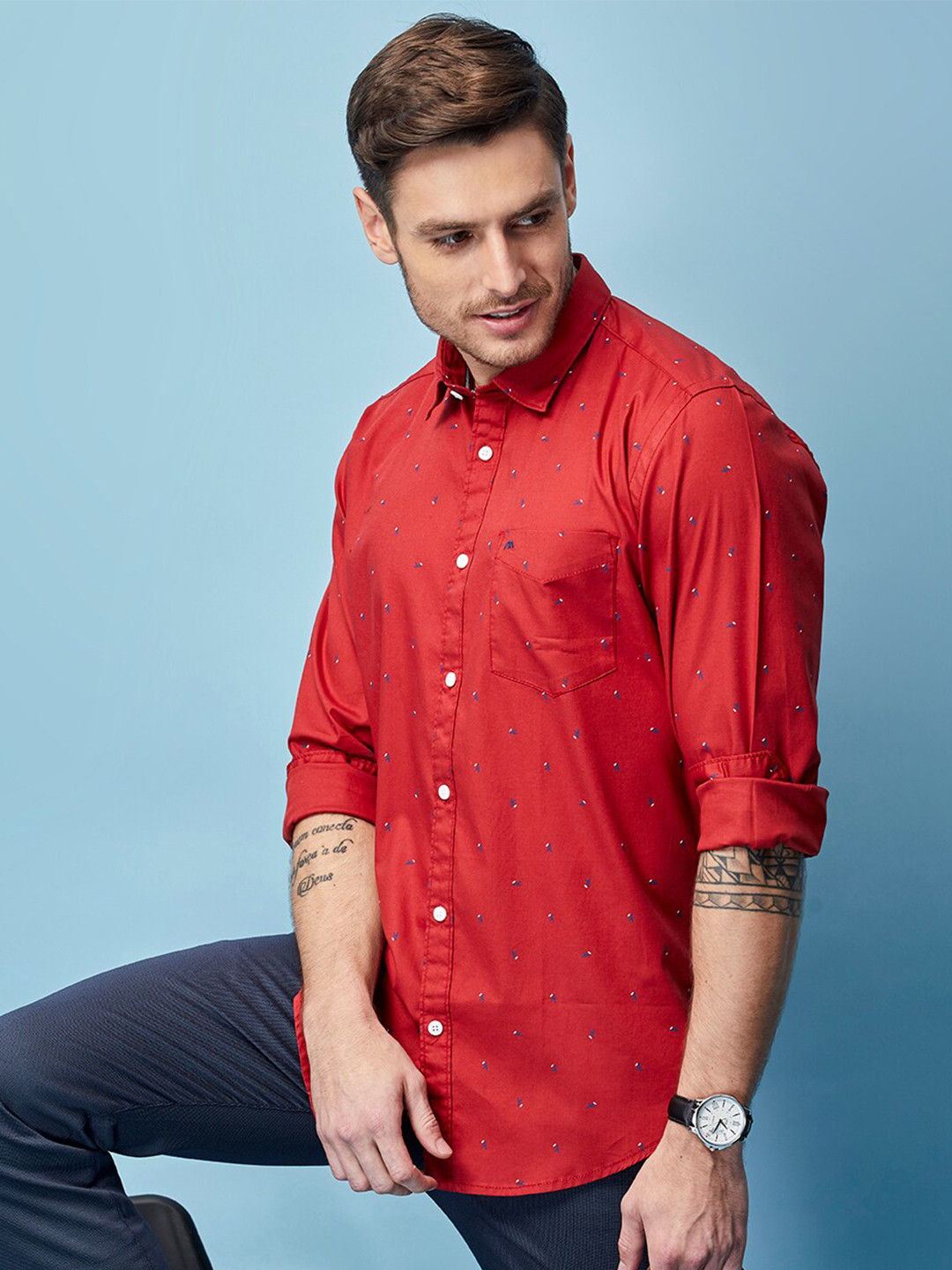 

MOZZO Classic Slim Fit Opaque Micro Ditsy Printed Cotton Casual Shirt, Red