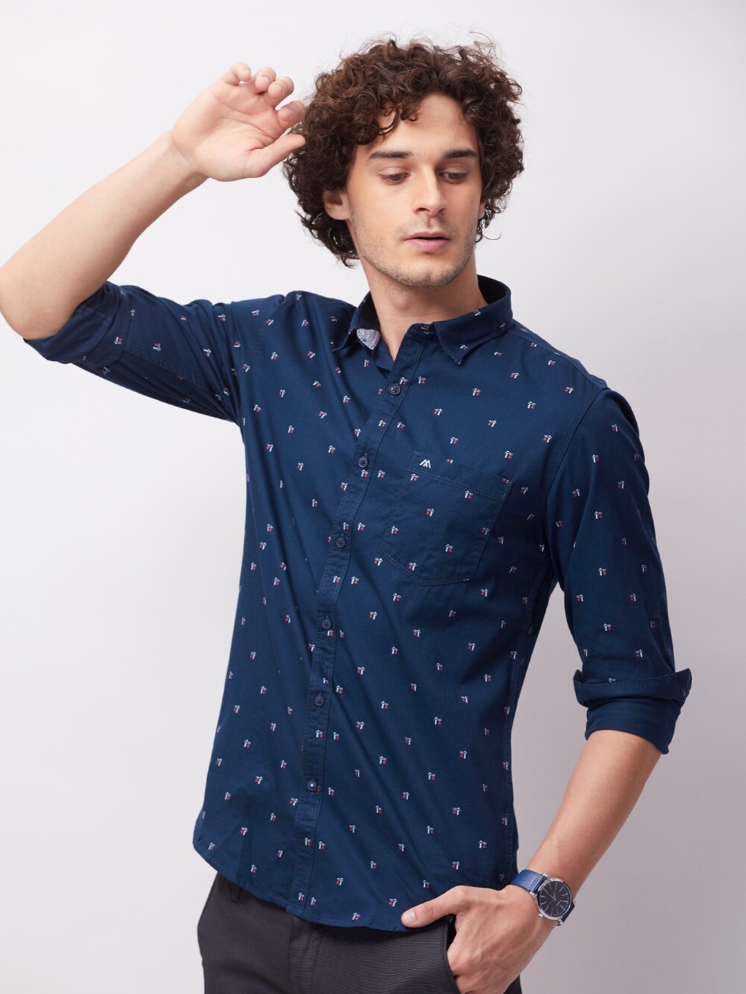 

MOZZO Classic Slim Fit Opaque Micro Ditsy Printed Cotton Casual Shirt, Navy blue