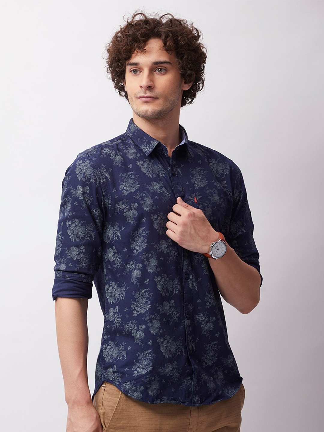 

MOZZO Classic Slim Fit Opaque Floral Printed Cotton Casual Shirt, Navy blue