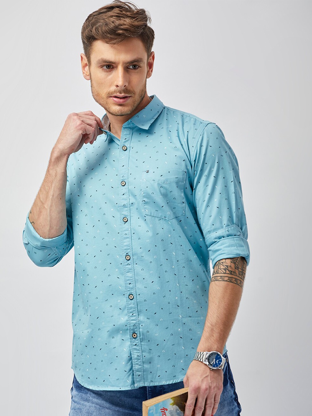 

MOZZO Classic Slim Fit Opaque Conversational Printed Cotton Casual Shirt, Blue