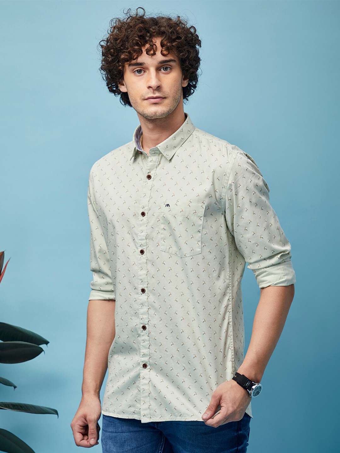 

MOZZO Classic Slim Fit Opaque Floral Printed Cotton Casual Shirt, Green