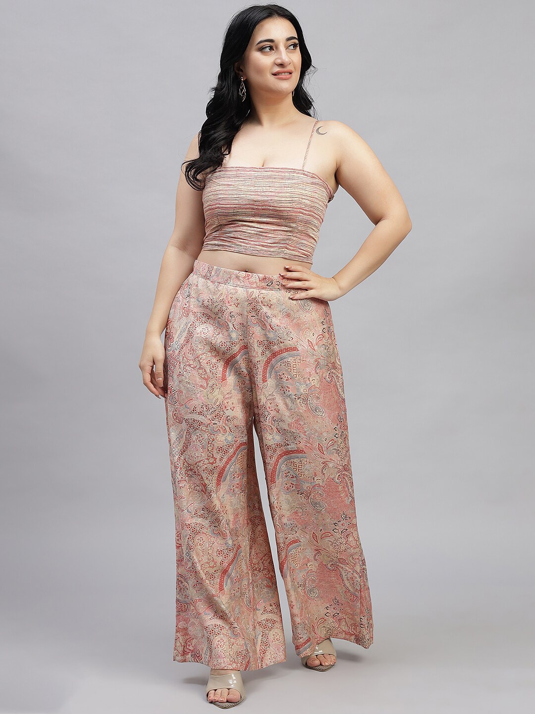 

Curvy Lane Ethnic Motifs Printed Top with Palazzos & Coat, Peach