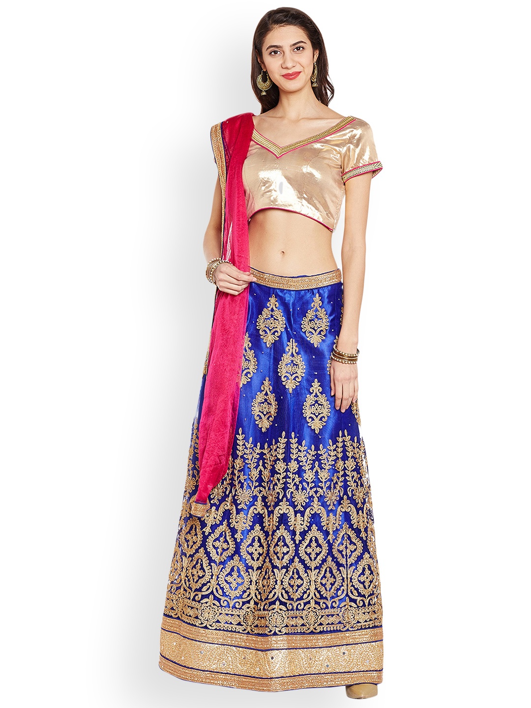 

Chhabra 555 Blue & Gold-Toned Embellished Semi-Stitched Lehenga & Unstitched Blouse with Dupatta