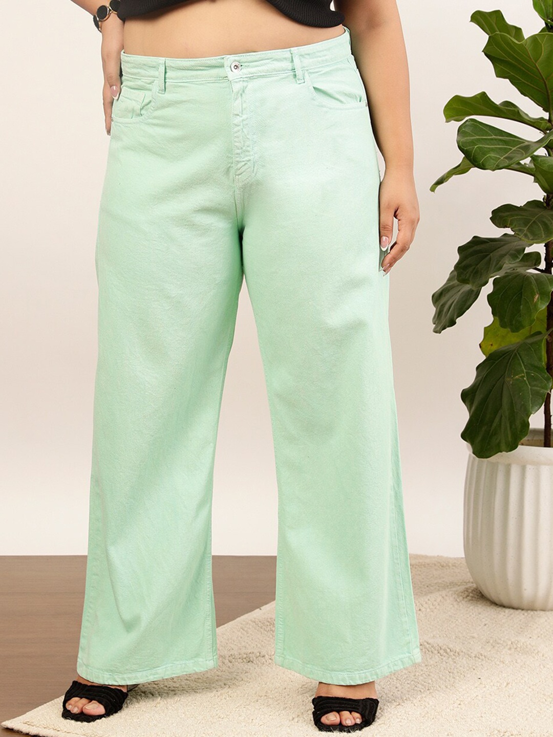 

CURVY STREET jean Women Mid- Rise Pure Cotton Wide Leg Jeans, Sea green