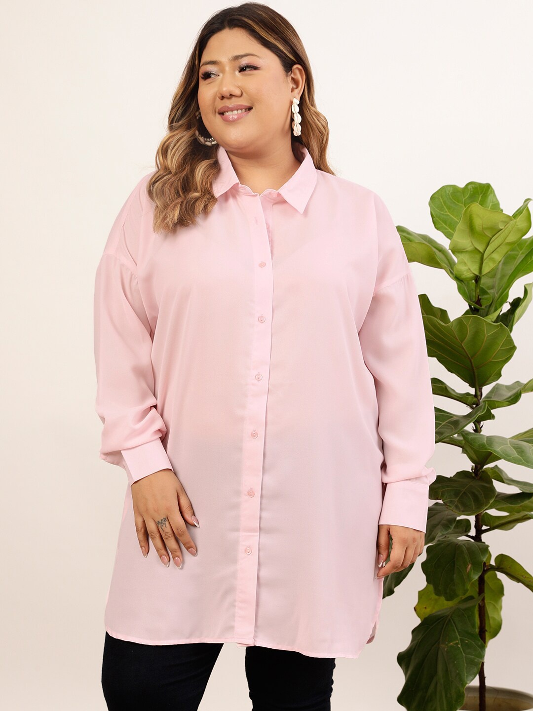 

CURVY STREET Plus Size Pink Relaxed Oversized Longline Casual Shirt