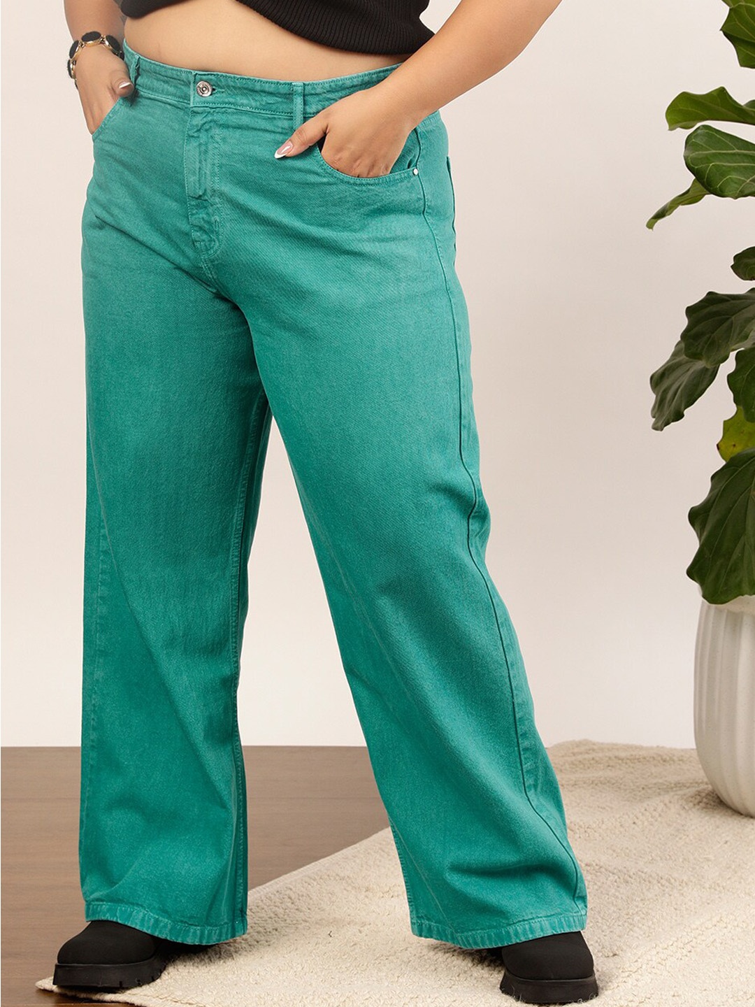 

CURVY STREET Women Jean Wide Leg Cotton Regular Jeans, Sea green