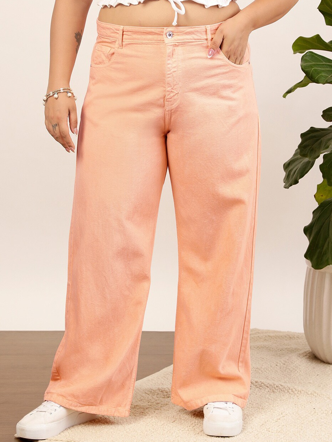 

CURVY STREET Women Plus Size Peach Mid-Rise Clean Look Pure Cotton Wide Leg Jeans