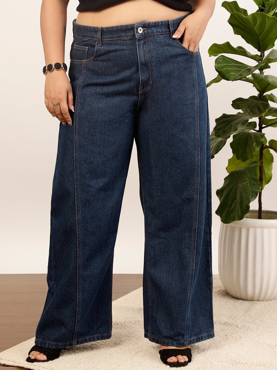 

CURVY STREET jean Women Clean Look Pure Cotton Wide Leg Jeans, Blue