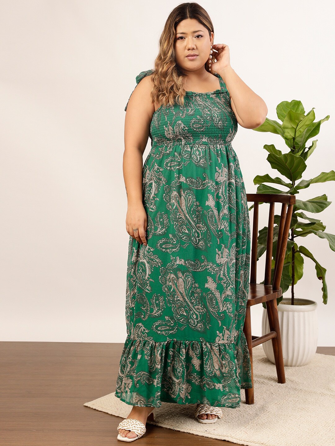 

CURVY STREET Plus Size Green Ethnic Motifs Printed Shoulder Straps Smocked Maxi Dress