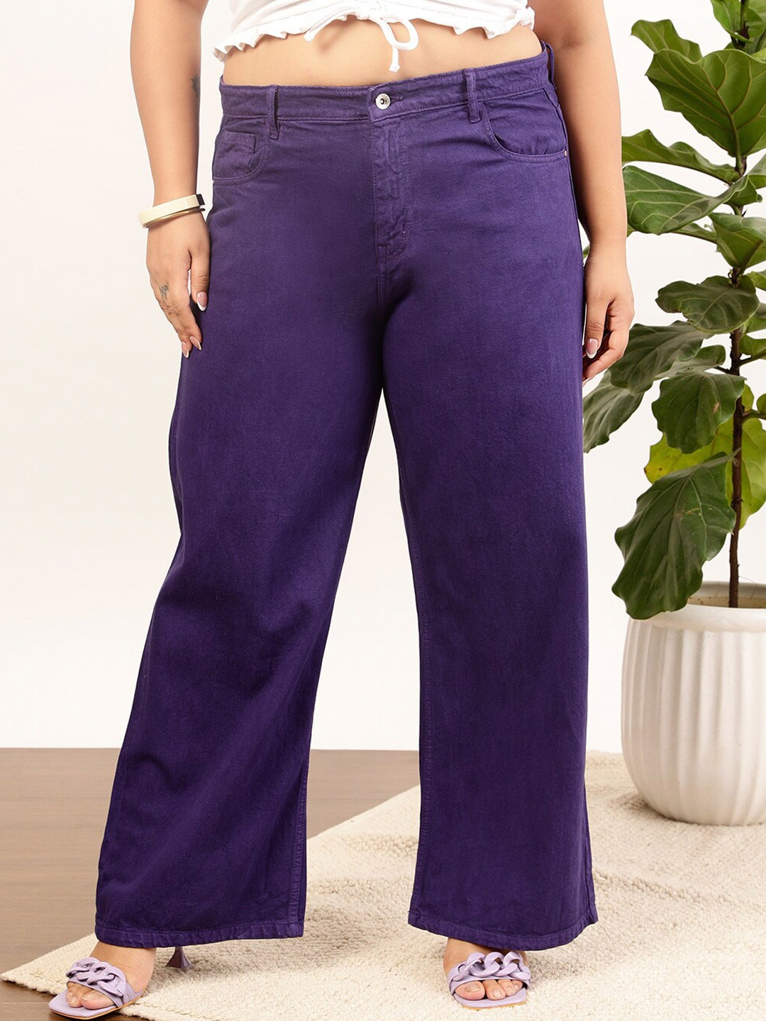 

CURVY STREET jean Women Clean Look Pure Cotton Wide Leg Jeans, Purple