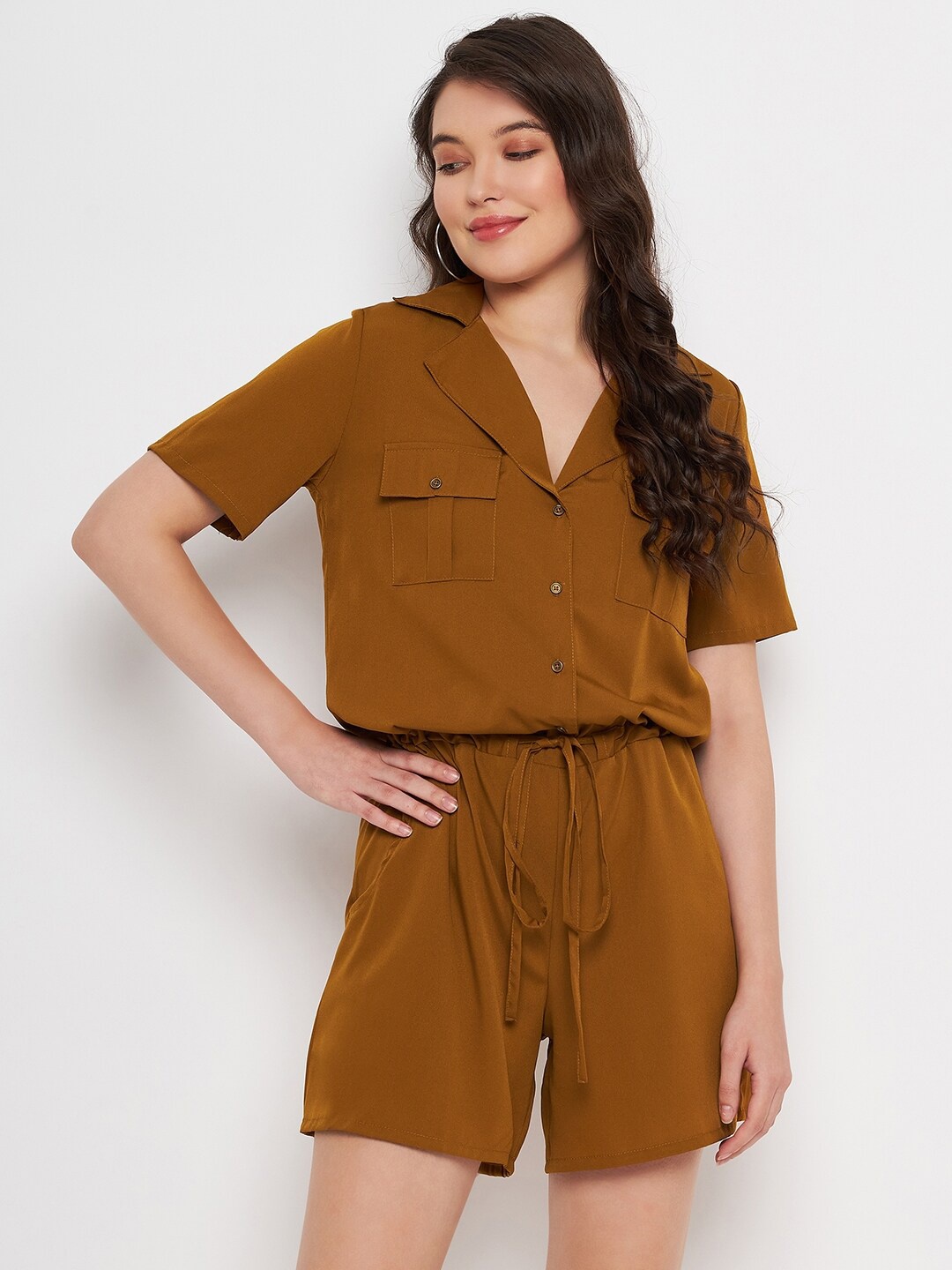 

Color Cocktail Shirt Collar Jumpsuit, Khaki