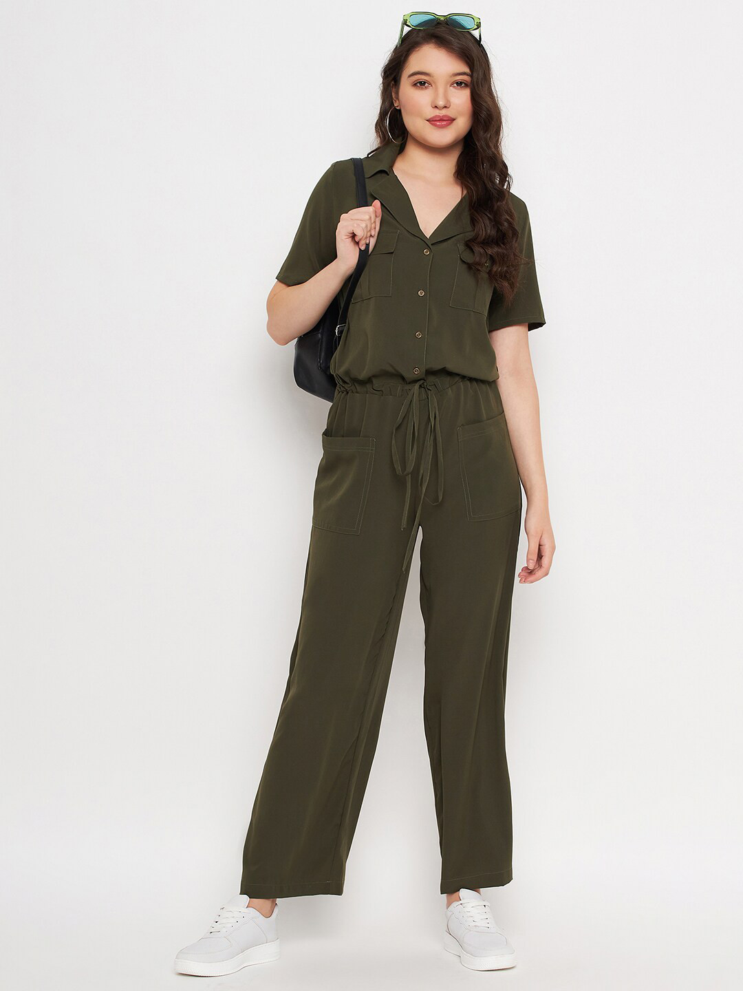 

Color Cocktail Shirt Collar Jumpsuit, Olive