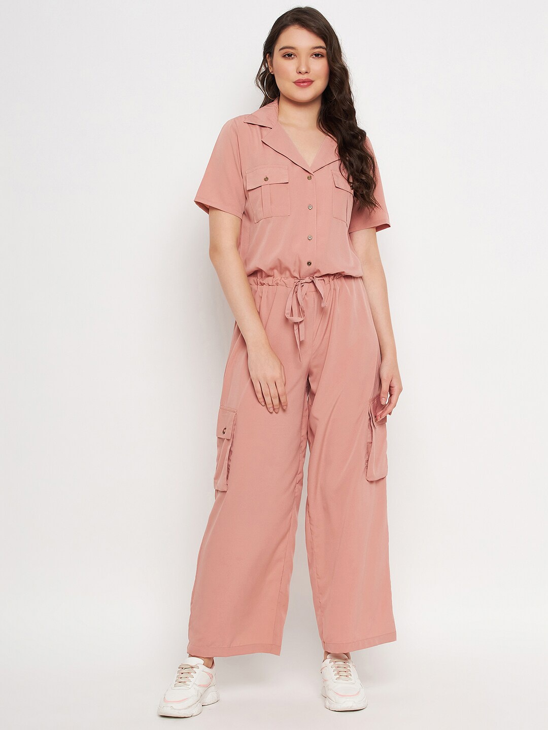 

Color Cocktail Shirt Collar Jumpsuit, Pink