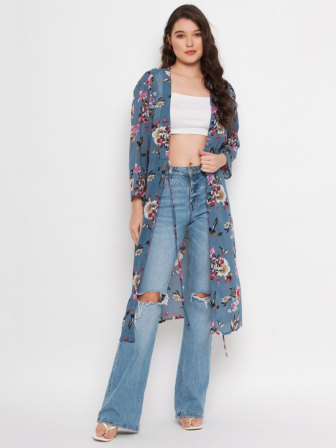 

Color Cocktail Floral Printed Longline Shrug, Grey