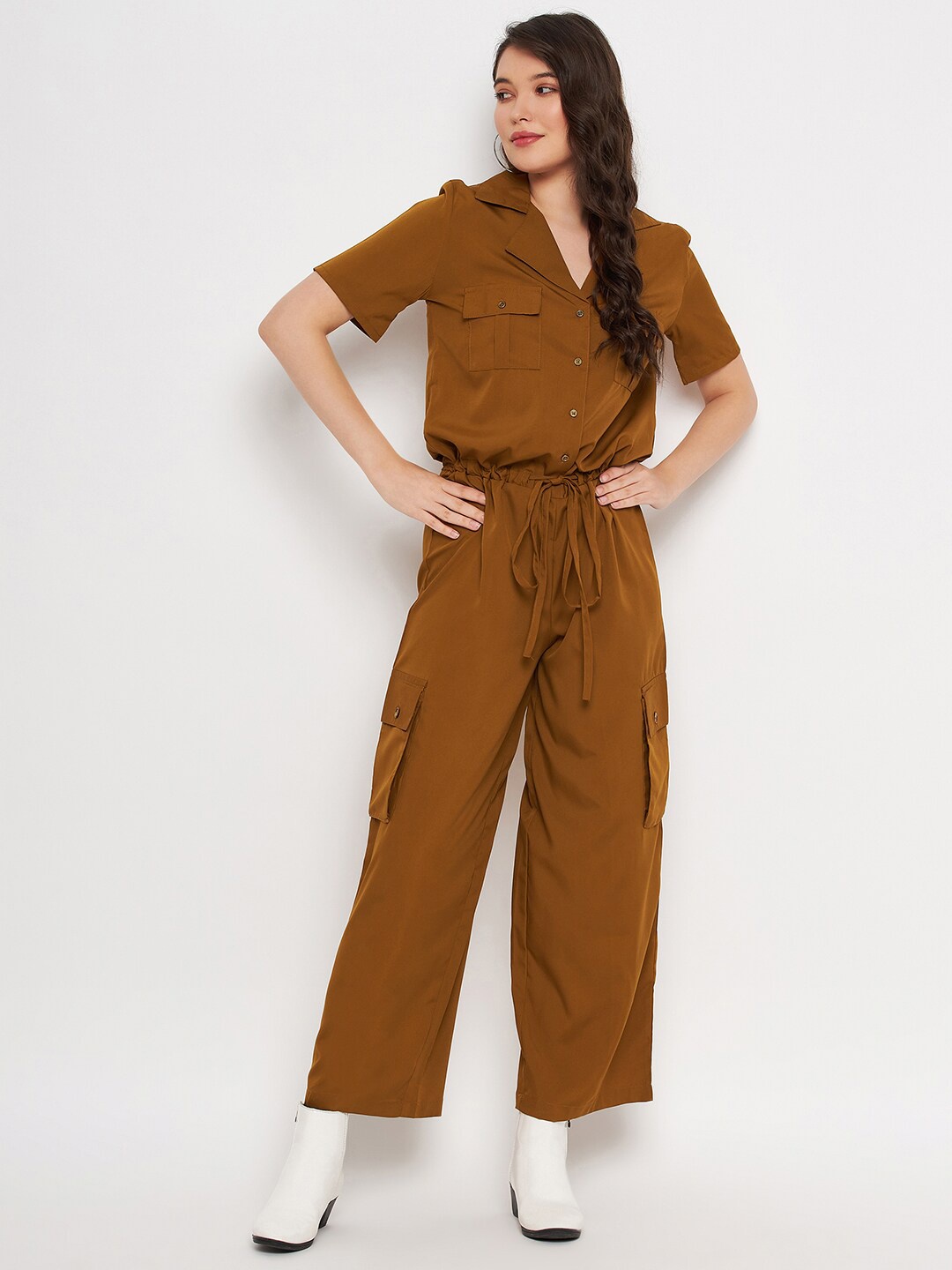 

Color Cocktail Shirt Collar Jumpsuit, Khaki