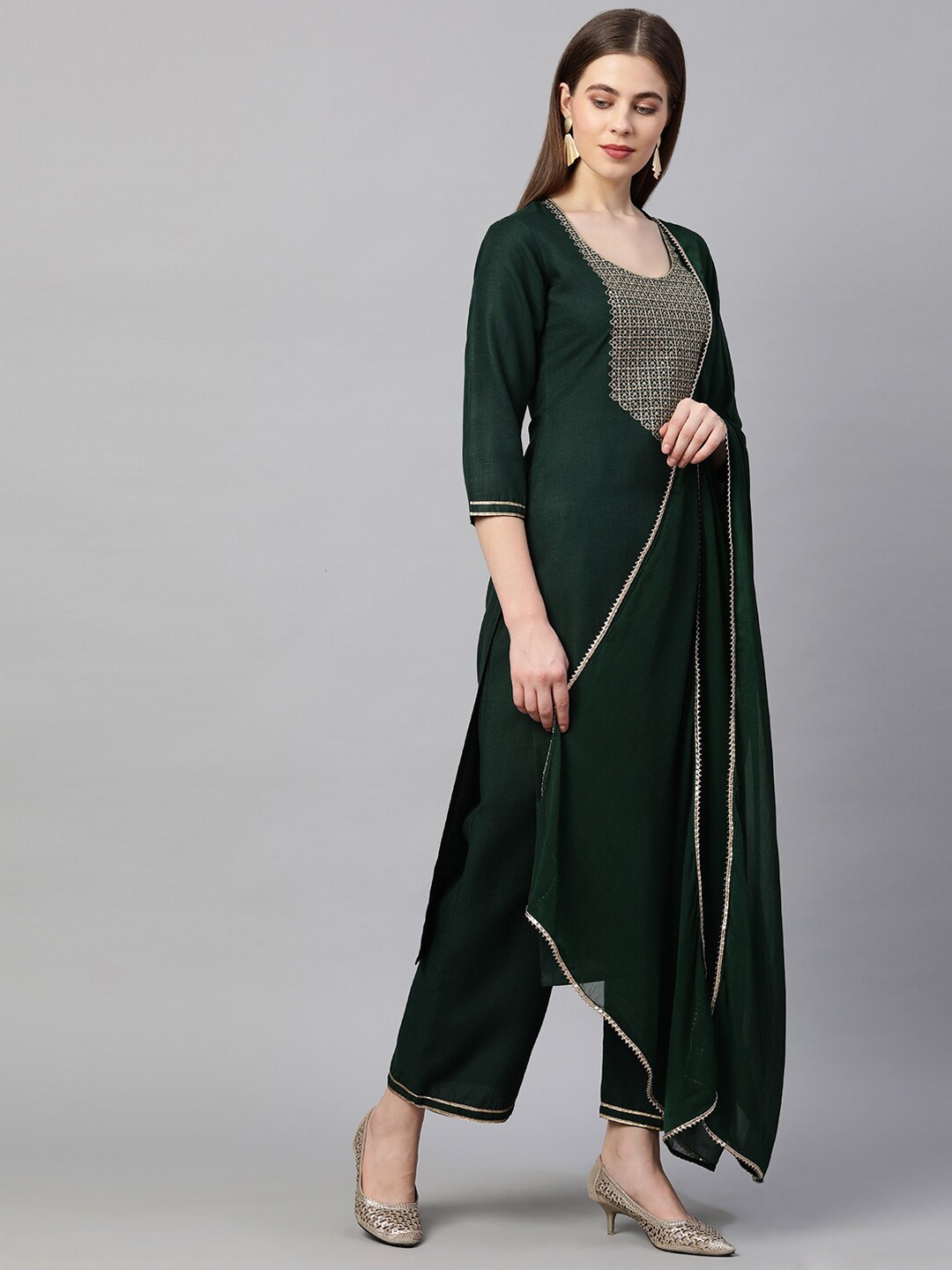 

KALINI Thread Work Detailed Straight Kurta & Trousers with Dupatta, Green