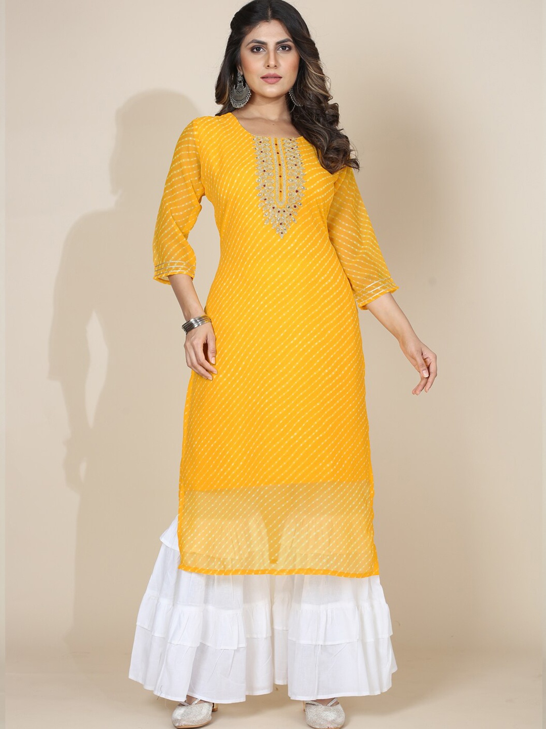 

STYLE SAMSARA Floral Embroidered Thread Work Georgette Kurta, Yellow