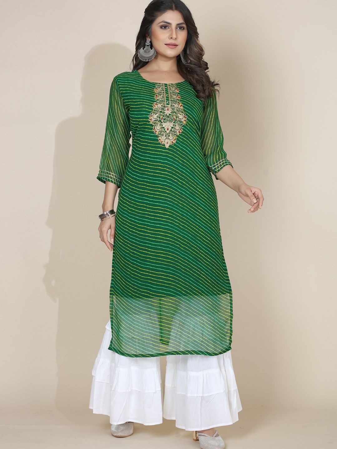 

STYLE SAMSARA Leheriya Printed Thread Work Georgette Kurta, Green