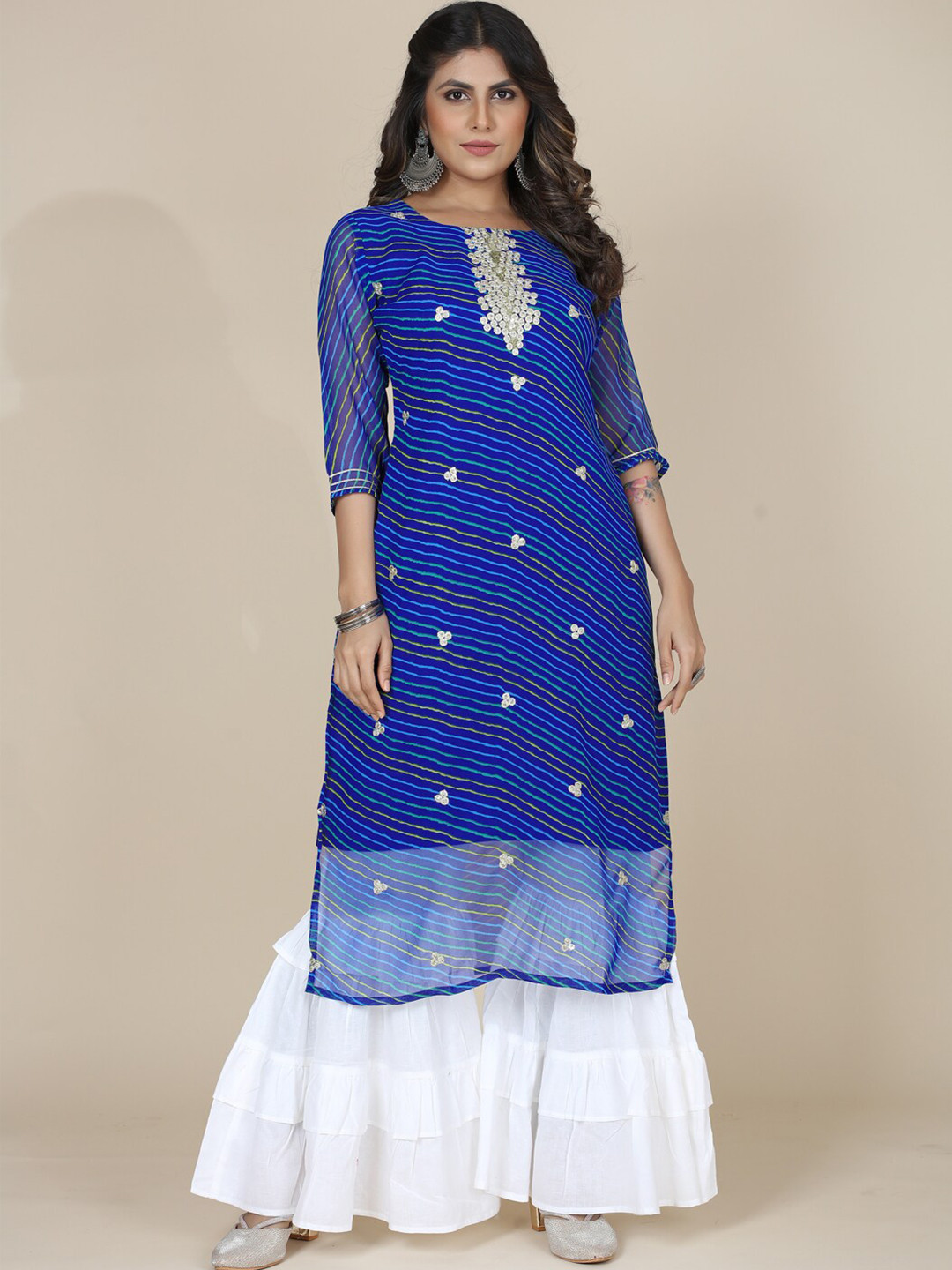 

STYLE SAMSARA Leheriya Printed Mirror Work Georgette Kurta, Blue