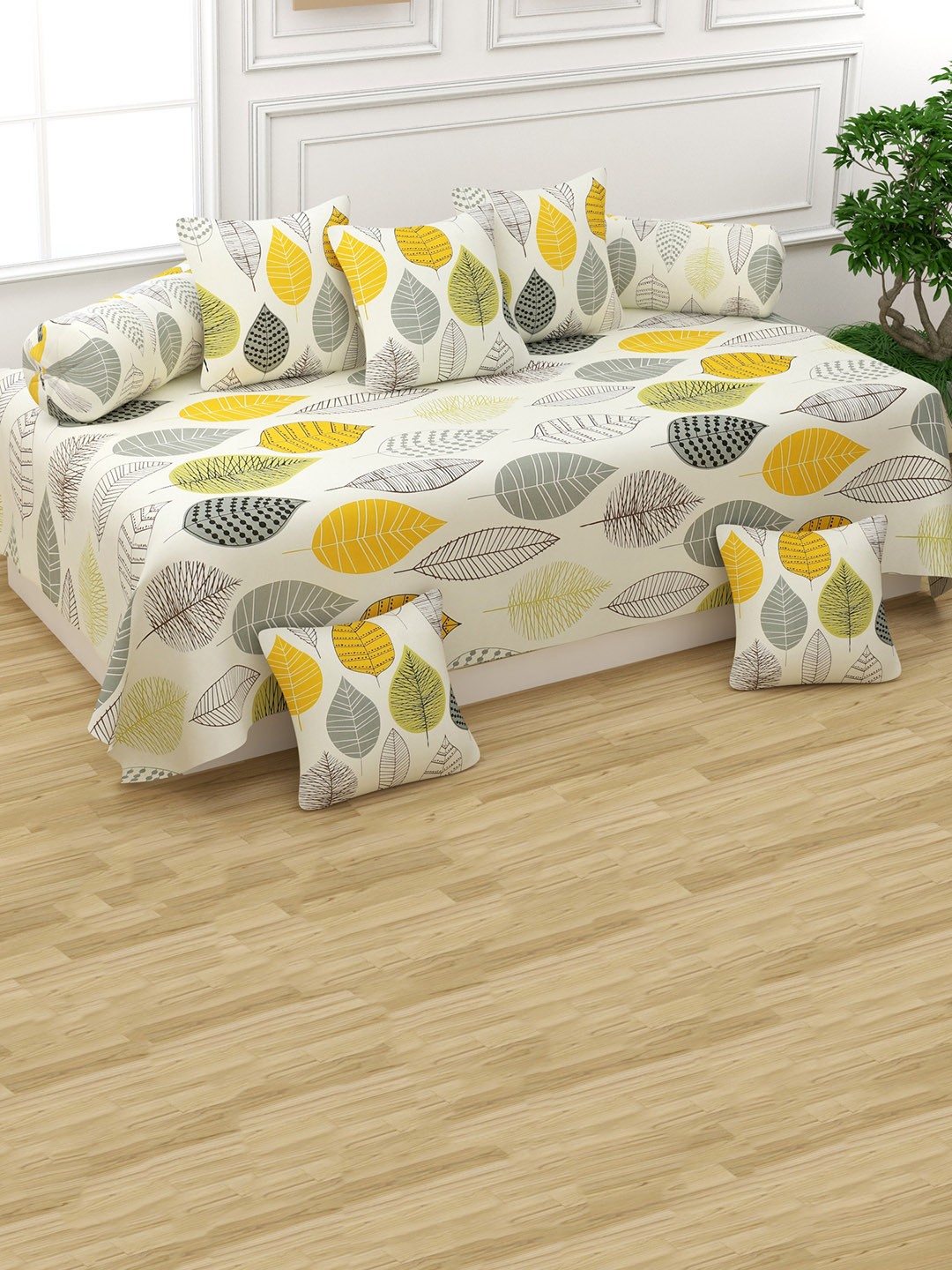 

Bajo's 8 Pcs Off White & Yellow Printed Diwan Set