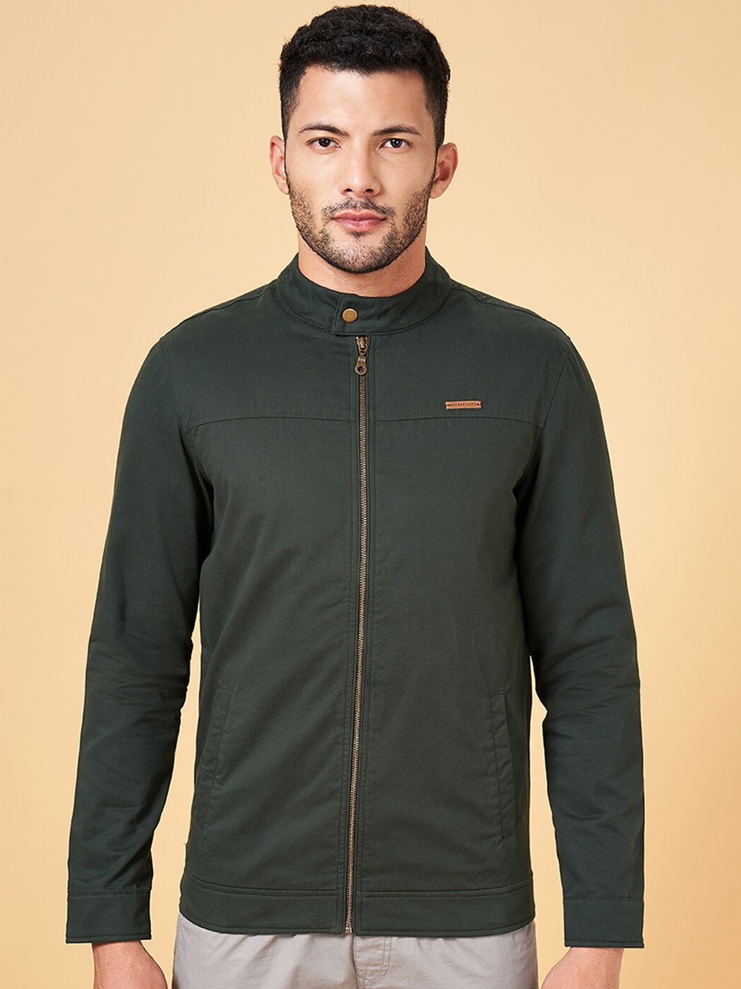 

Urban Ranger by pantaloons Mandarin Collar Cotton Bomber Jacket, Olive