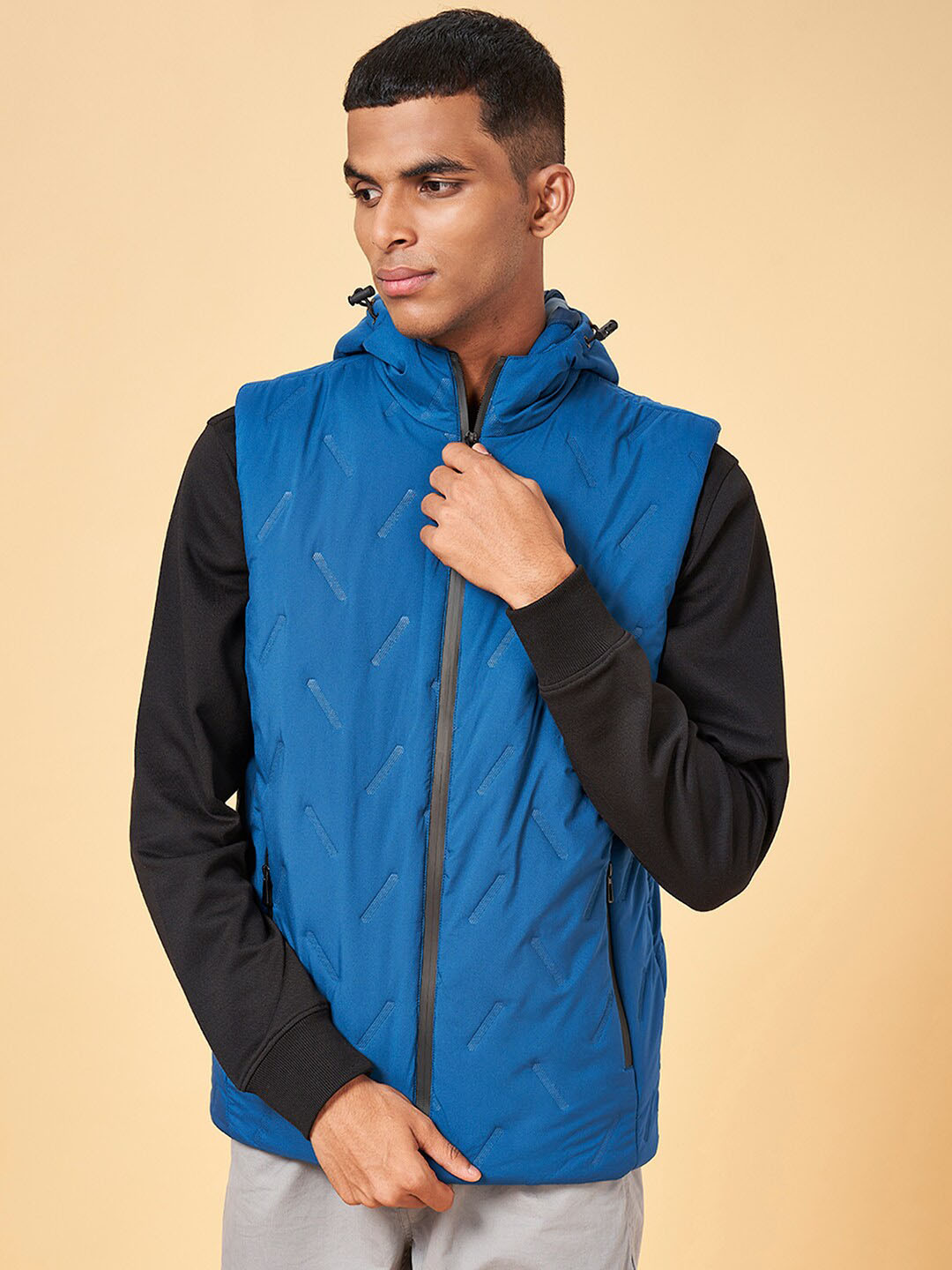 

Urban Ranger by pantaloons Self Design Hooded Sleeveless Sporty Jacket, Blue