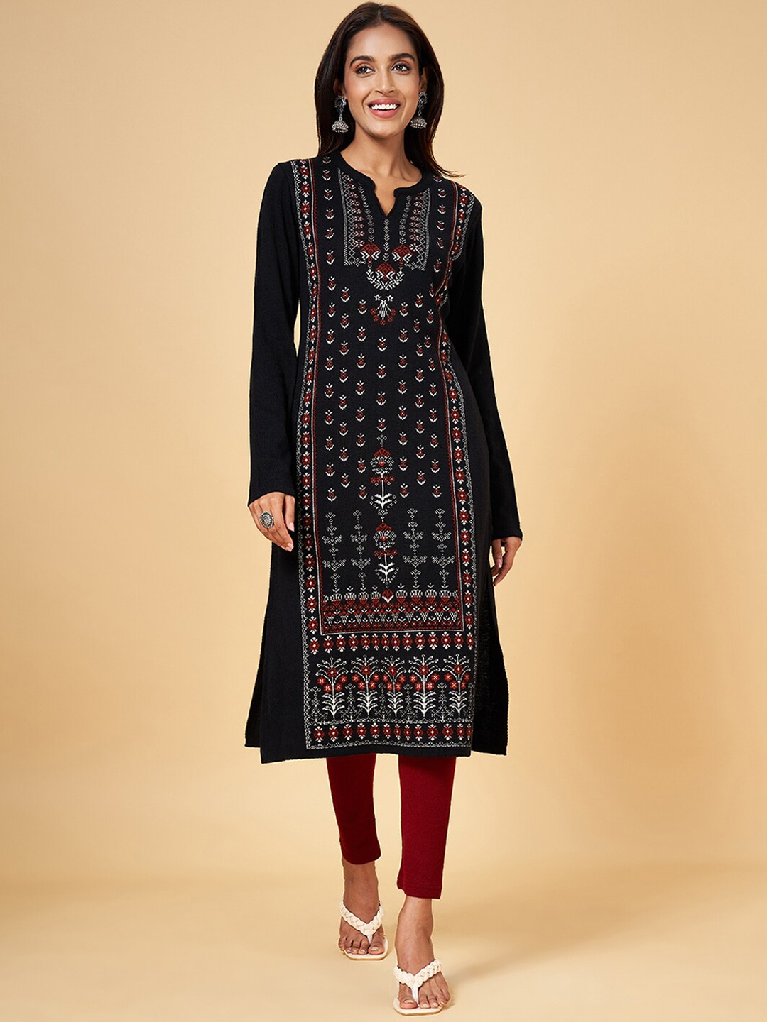 

RANGMANCH BY PANTALOONS Mandarin Collar Ethnic Motifs Woven Design Straight Kurta, Black