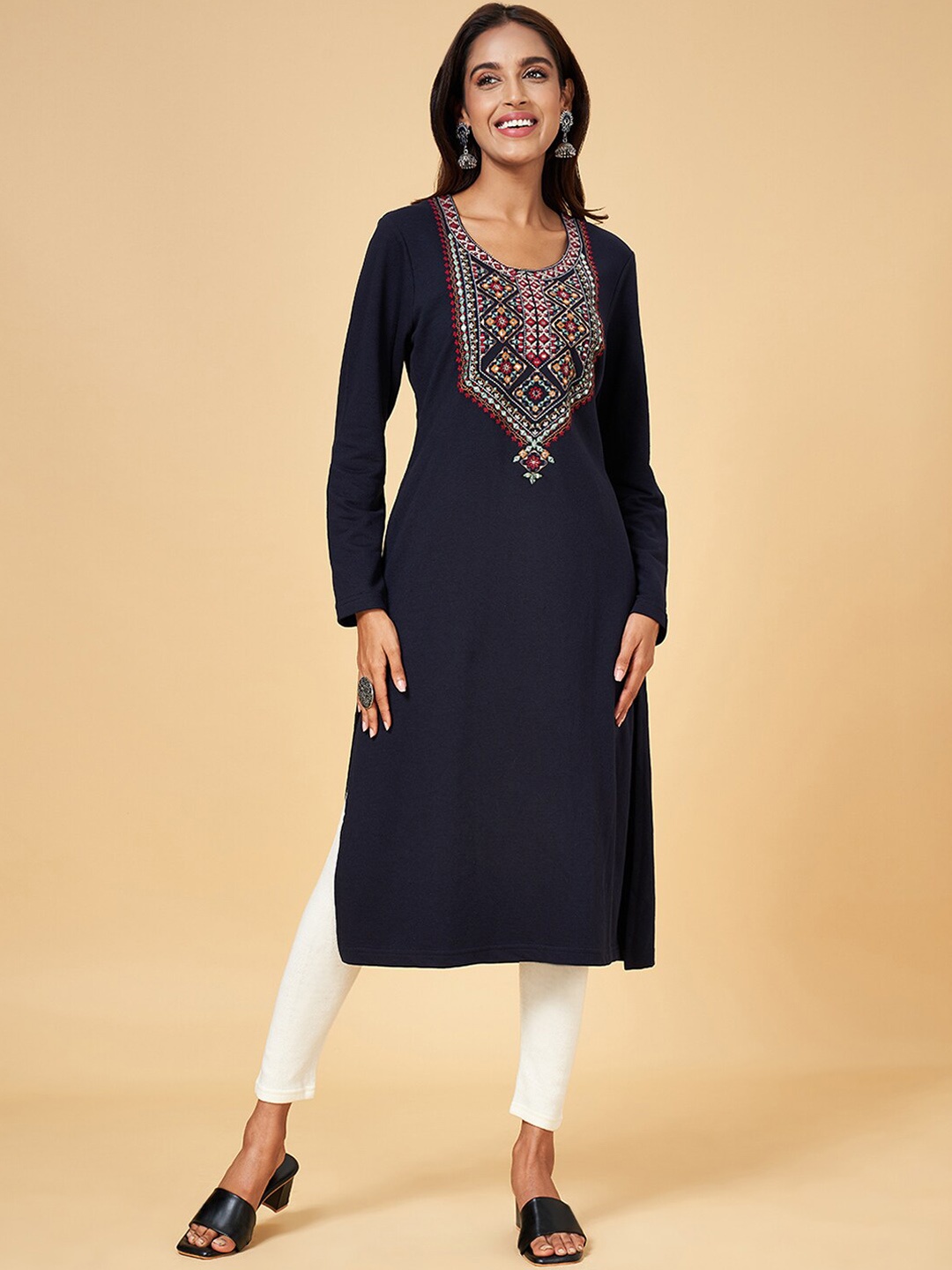 

RANGMANCH BY PANTALOONS Mandarin Collar Ethnic Motifs Woven Design Panelled Straight Kurta, Blue