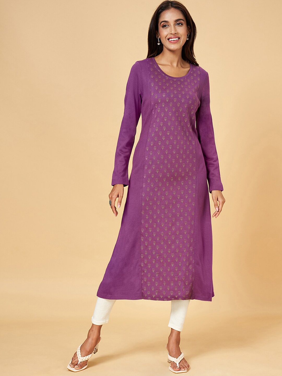 

RANGMANCH BY PANTALOONS Ethnic Motifs Printed Panelled Straight Kurta, Magenta