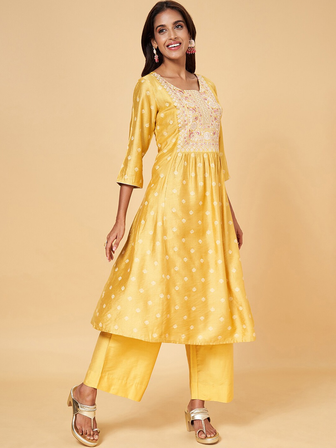 

RANGMANCH BY PANTALOONS Ethnic Motifs Printed Thread Work Detail Pleated A-Line Kurta, Mustard