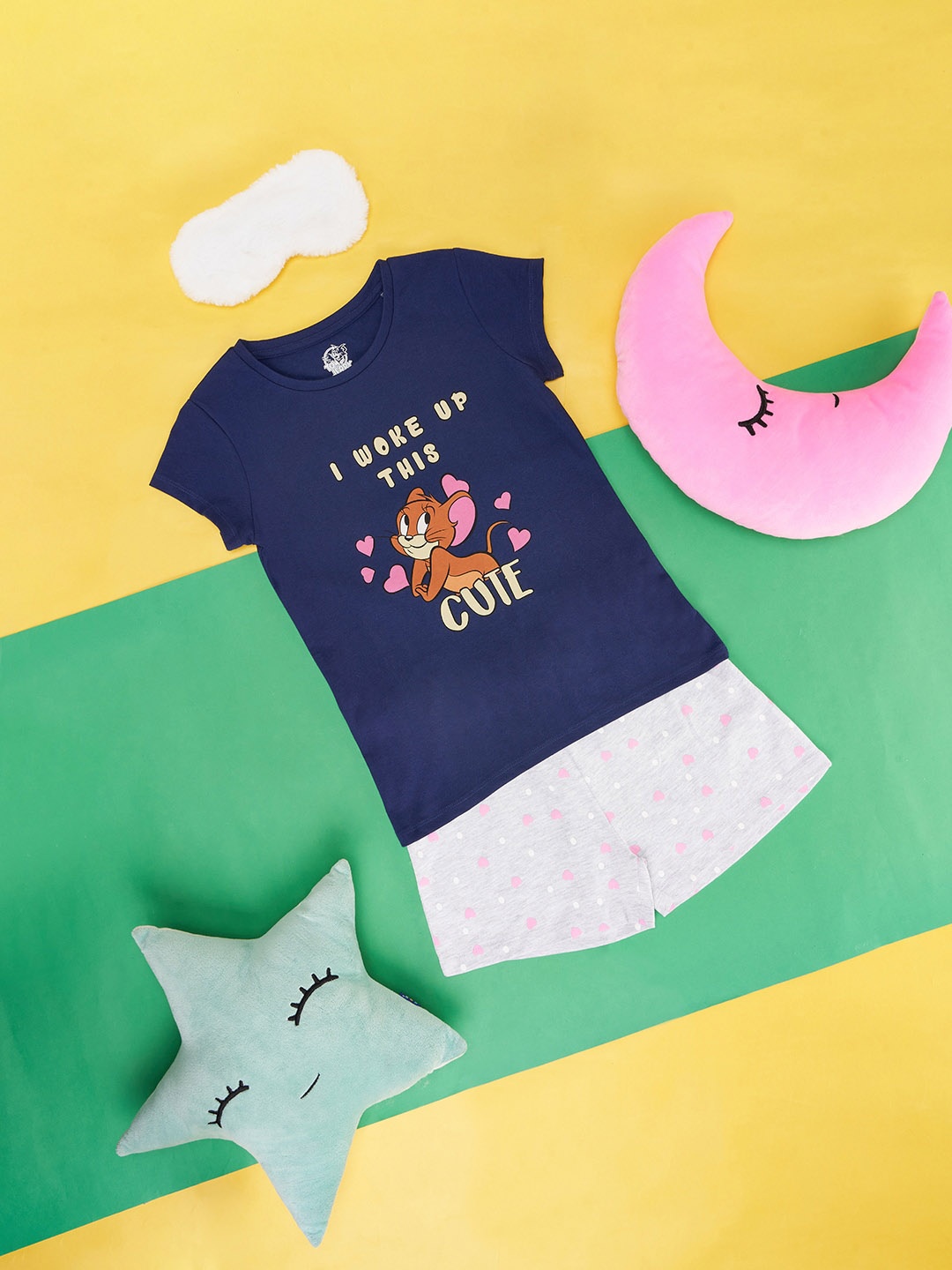 

Pantaloons Junior Girls Printed Cotton T-shirt With Shorts, Navy blue