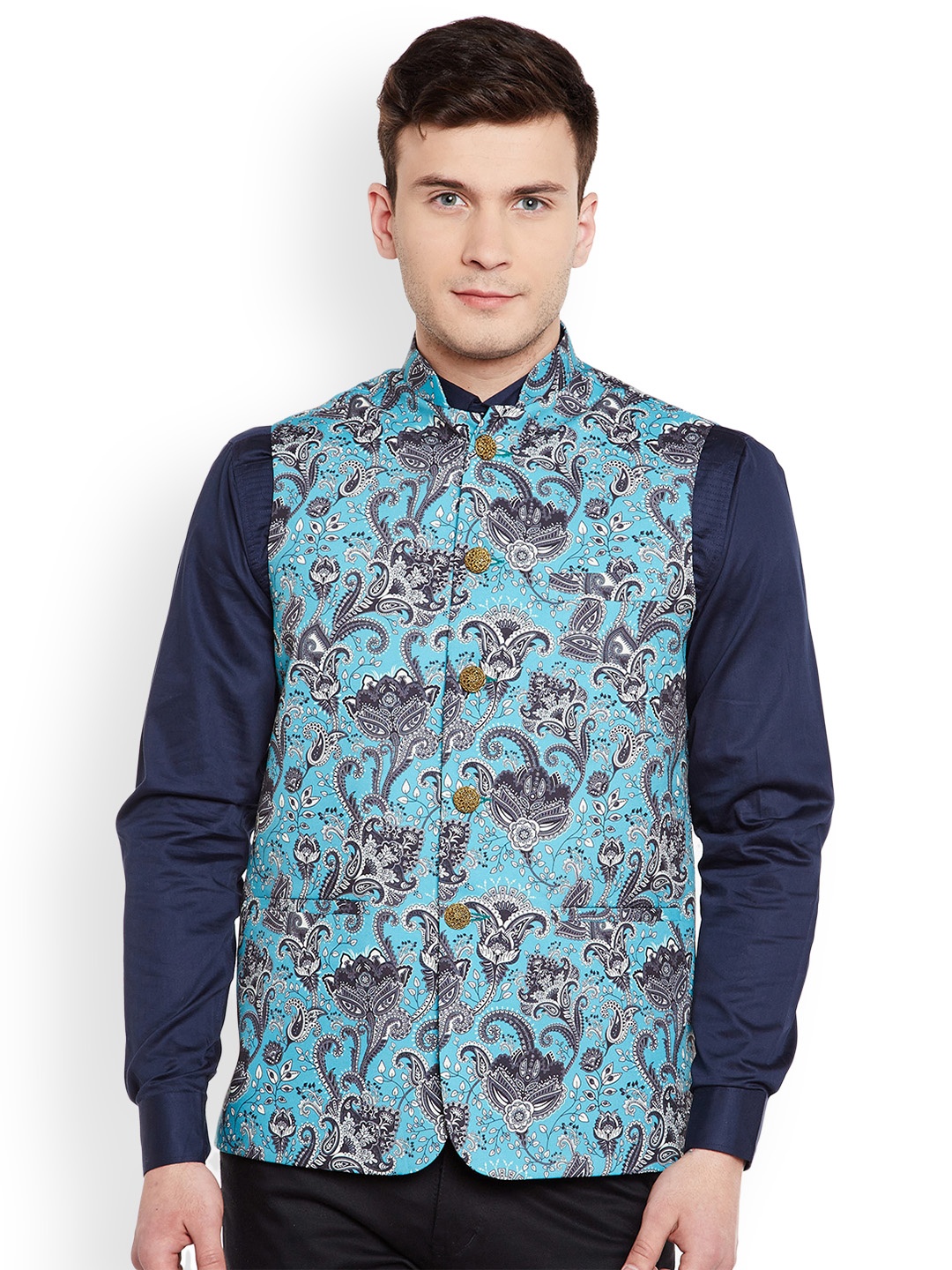 

Wintage Men Blue Printed Nehru Jacket