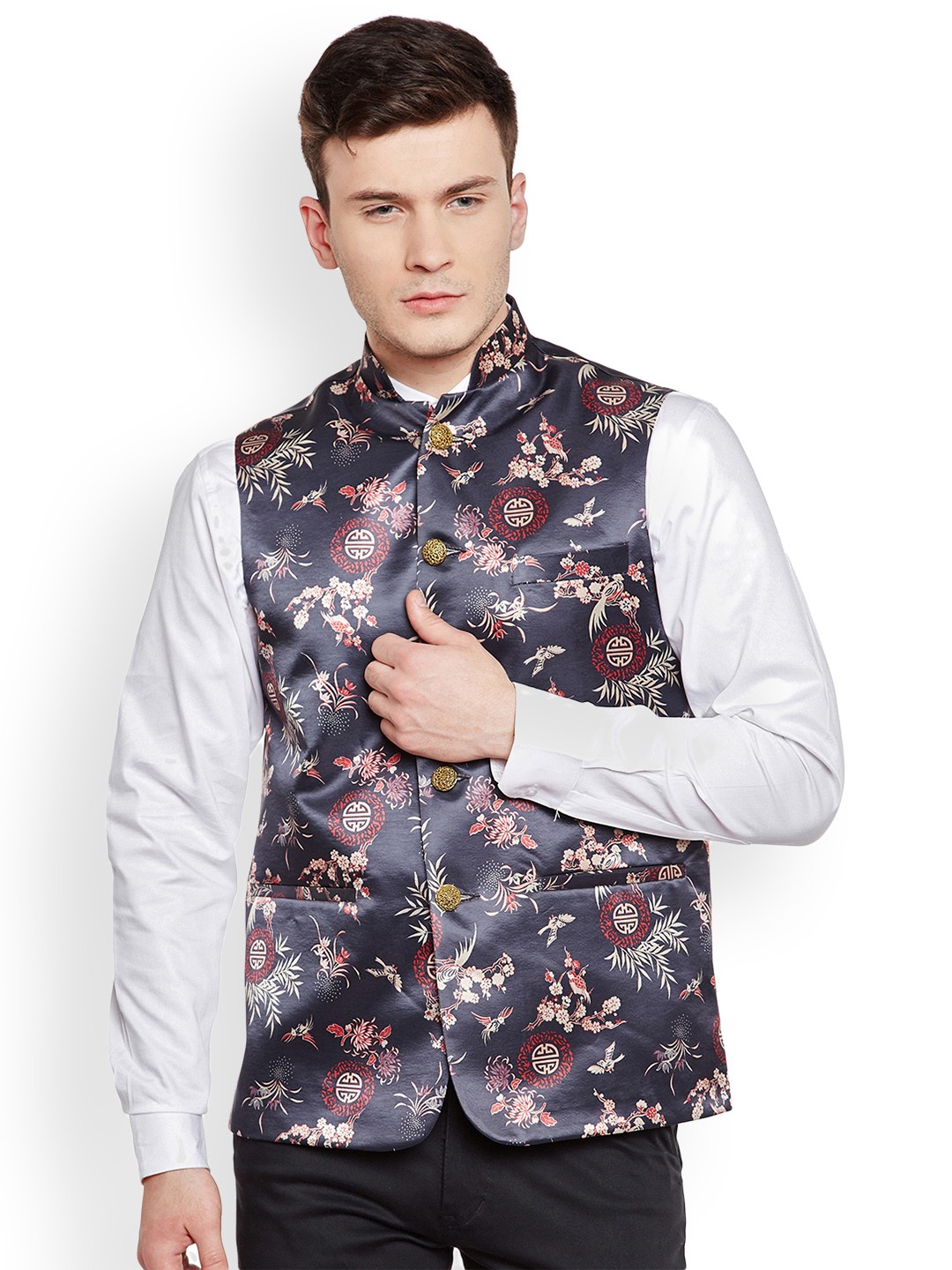 

Wintage Men Blue & Purple Printed Nehru Jacket